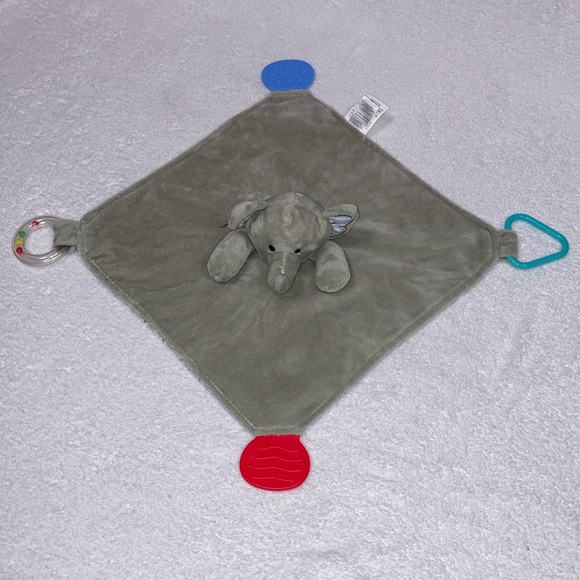Modern Baby Snuggle Blankie ~Elephant ~Teether ~Rattle ~ Gray, White, Red & Blue - Picture 1 of 6